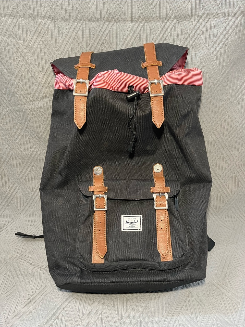 Herschel Supply Company Black Backpack with Brown Straps and Red Lining